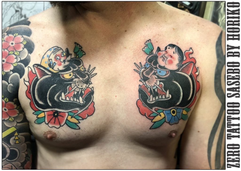 ブラックパンサーにおかめとひょっとこのタトゥー 名古屋大須のタトゥースタジオ Boobies Tattoo Nagoya